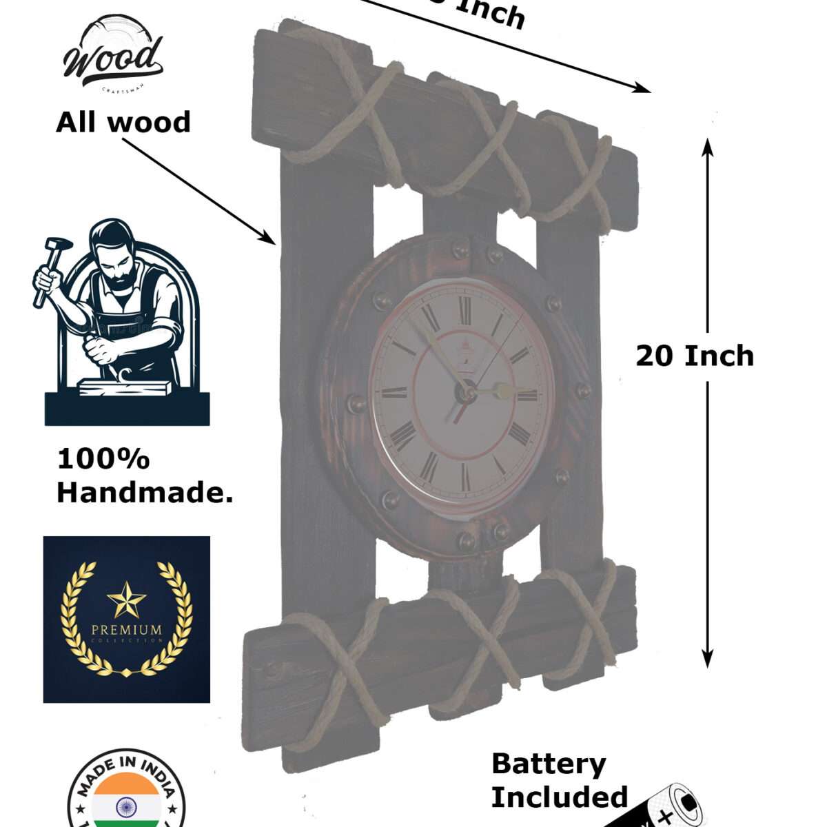 Rustic Handmade Wooden Wall Clock – 20 x 15 Inch | Vintage Farmhouse Décor | Premium Solid Wood — Image 4