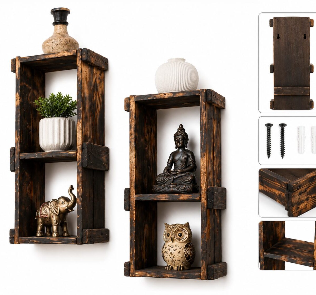 Krofto Handmade Rustic Pine Wood Floating Shelves – Set of 2 Torched Finish 2-Tier Wall Mount Display Organizers for Living Room, Bathroom & Home Decor