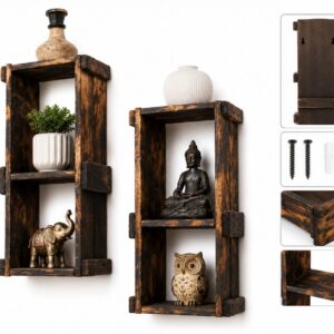 Krofto Handmade Rustic Pine Wood Floating Shelves – Set of 2 Torched Finish 2-Tier Wall Mount Display Organizers for Living Room, Bathroom & Home Decor