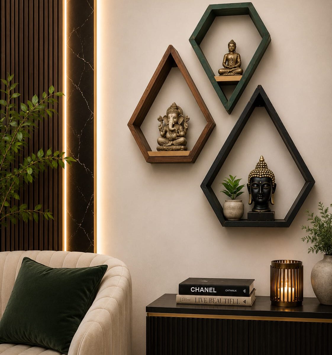 Krofto Handmade Pine Wood Floating Shelves – Set of 3 Unique Geometric Pentagon Wall Displays for Modern & Rustic Home Decor