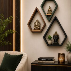 Krofto Handmade Pine Wood Floating Shelves – Set of 3 Unique Geometric Pentagon Wall Displays for Modern & Rustic Home Decor